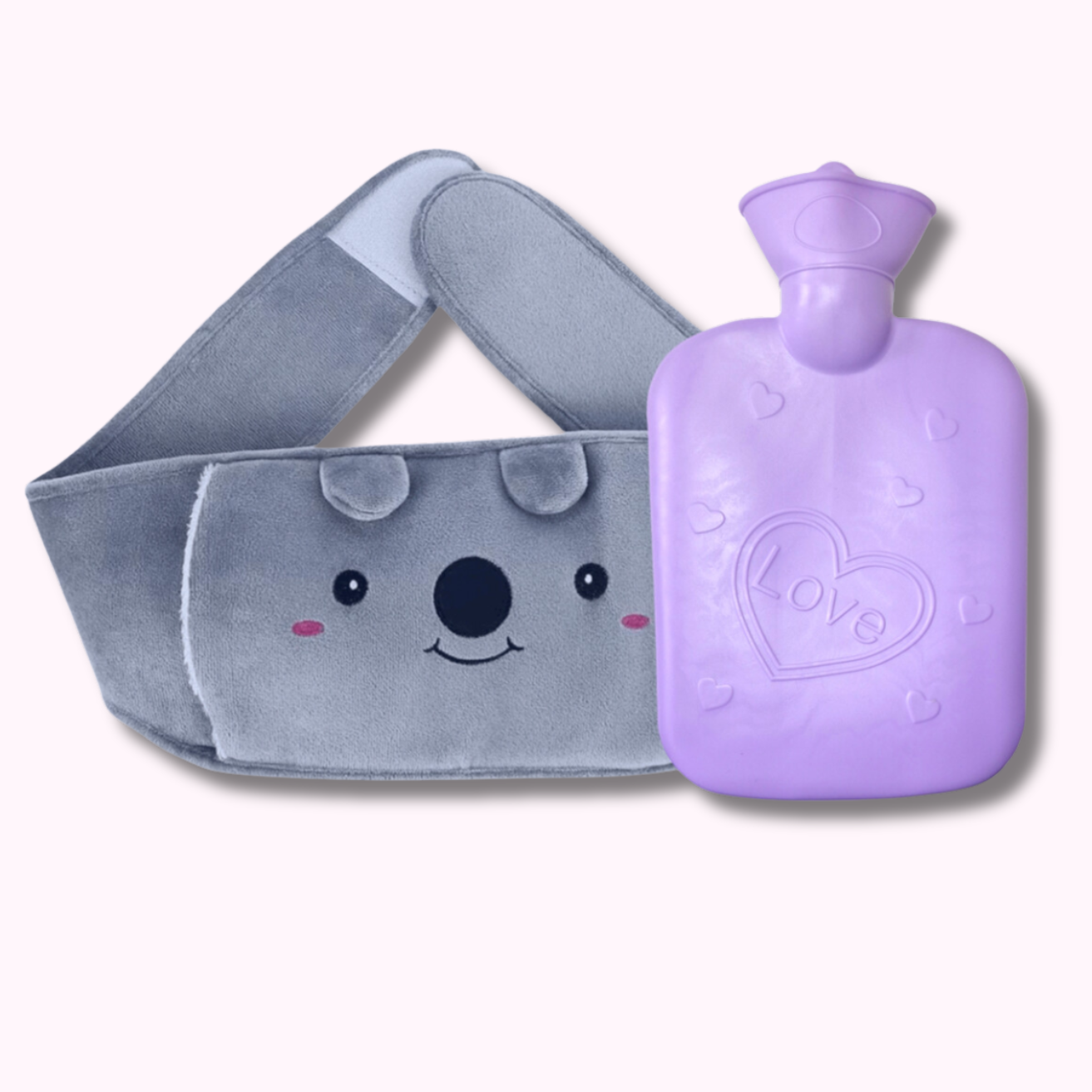 Koala Hot Water Bottle Belt with purple hot water bottle